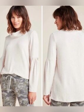 Anthropologie S/S Rachel Oatmeal/Cream Balloon Sleeve Turtleneck Sweater